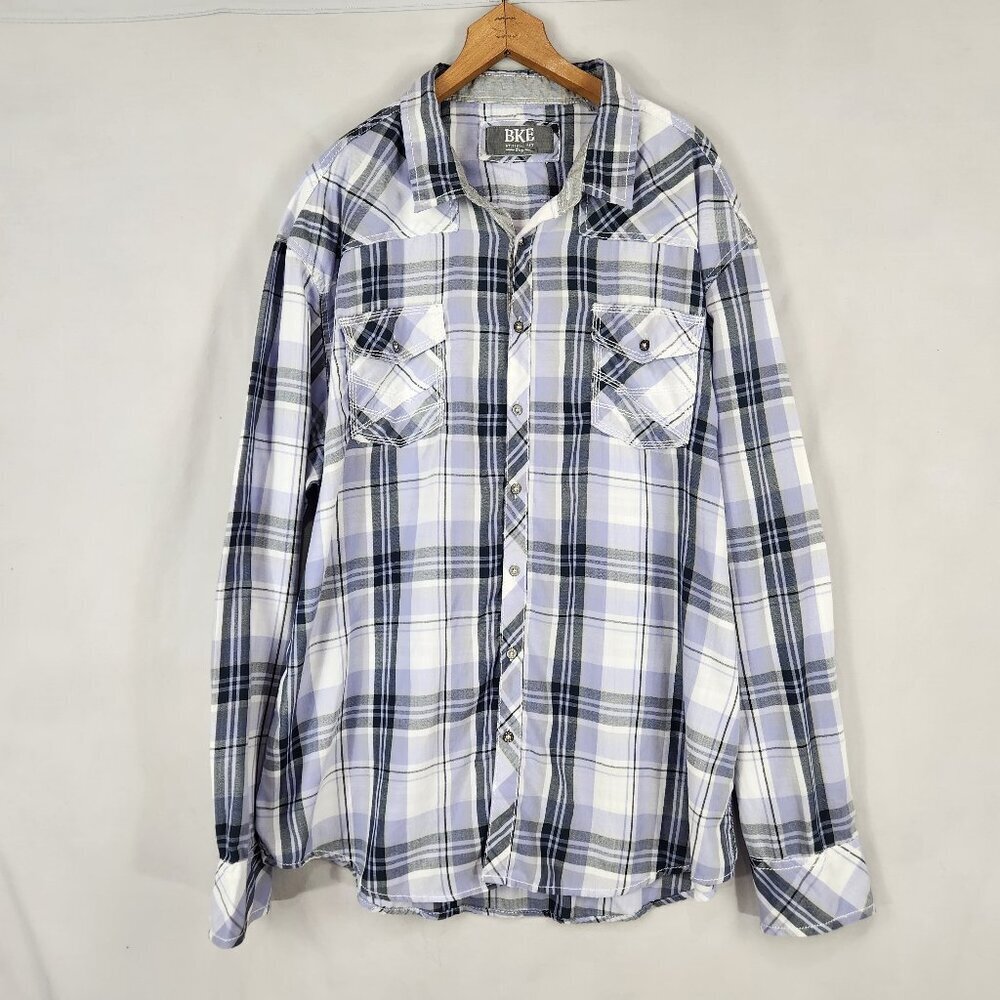 BKE Athletic Fit Button Up Shirt Men's XXXL Plaid Purple Gray Long Sleeve Cowboy